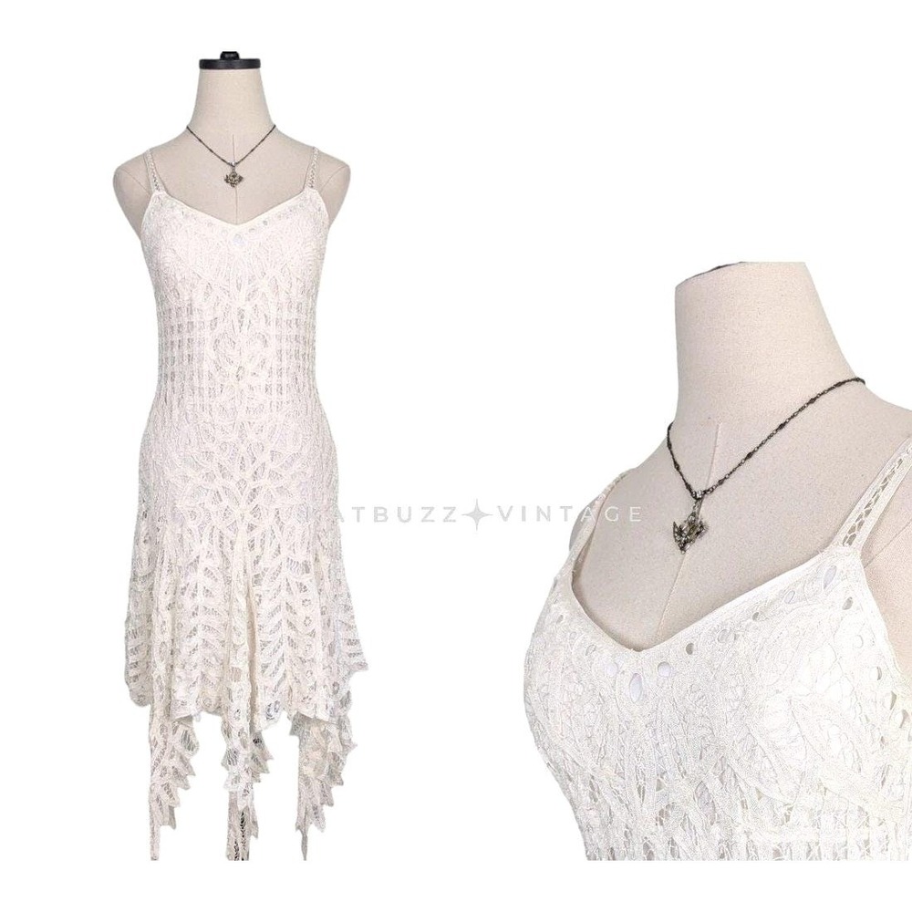 Cache Lace Handkerchief Hem Dress Womens 4 Ivory Excellent Beaded Cocktail